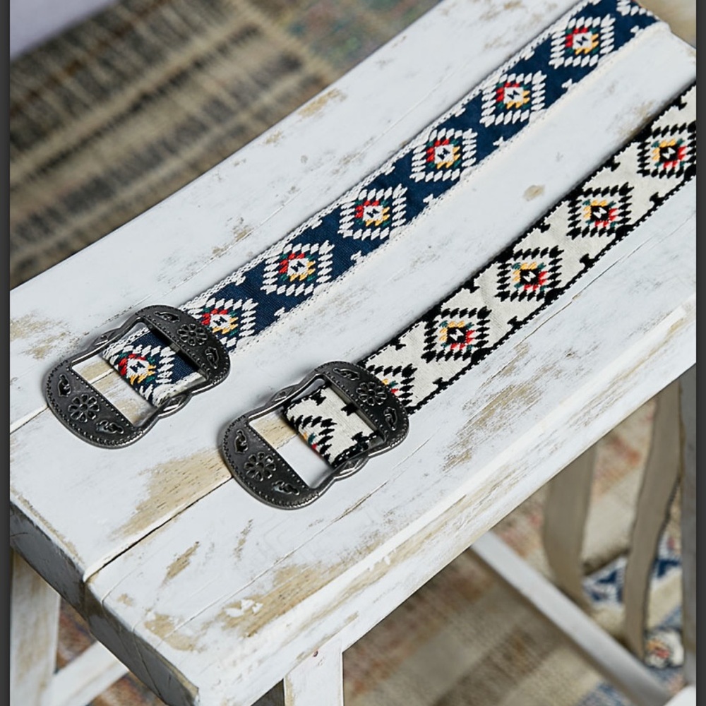 POL. Geometric Patterned Belt with Silver Buckle Navy